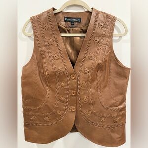 Pamela McCoy Button Down Brown Floral Leather Vest Size Med.